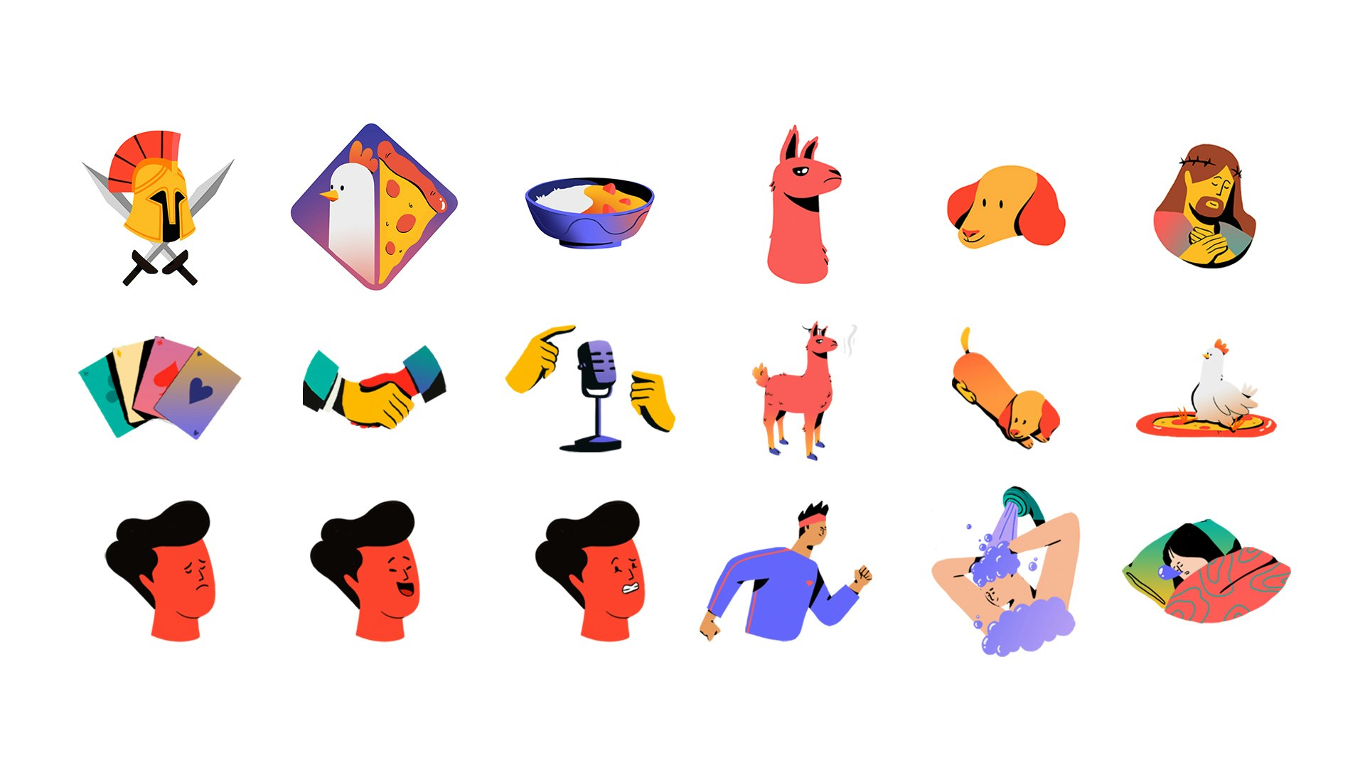 Character design illustration of gladiator, chicken, pizza, llama, dog, christ, curry bowl, cards, hands and funny faces
