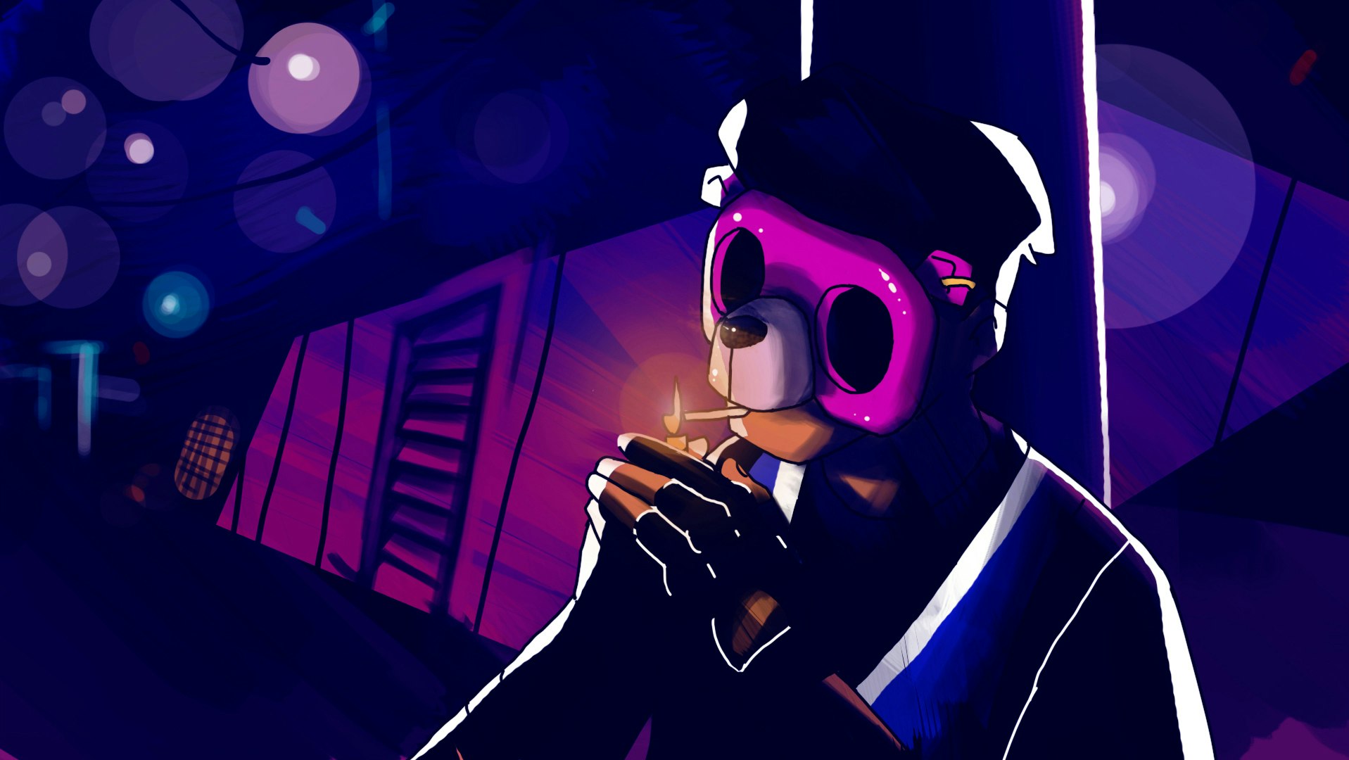 Concept illustration of a character with a mask smoking a cigarette