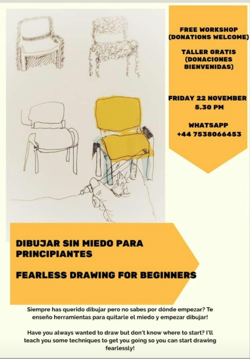 Fearless Drawing for Beginners workshop - A multi-media collaborative drawing workshop for beginniners delivered bilingually in Spanish and English in La Casa de la Buena Onda community space in Granada, Spain