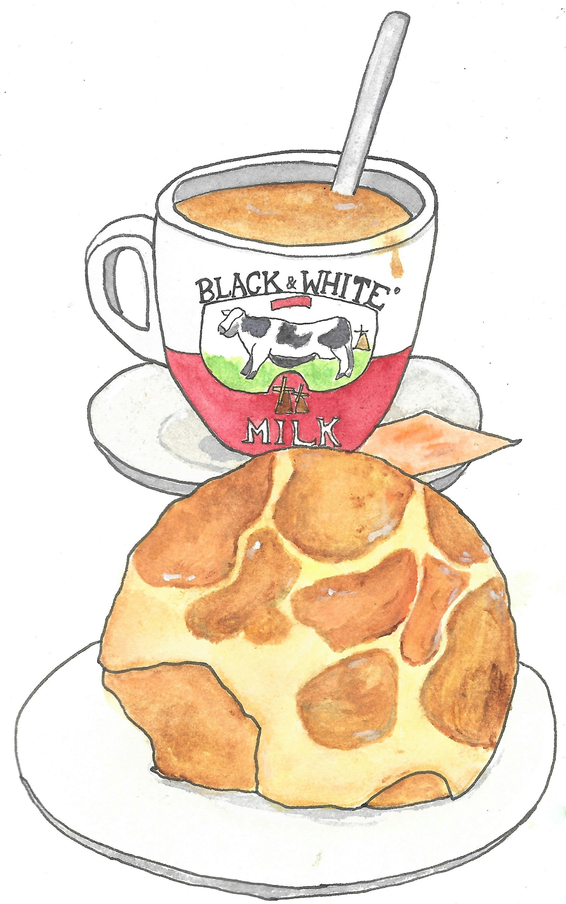 Milk tea and pineapple bun - One of my favourite afternoon snacks in Hong Kong. A hot cup of milk tea accompanied by a pineapple bun, or bolo bao. Filled with love and nostalgia. Available on my Etsy shop as a greetings card.