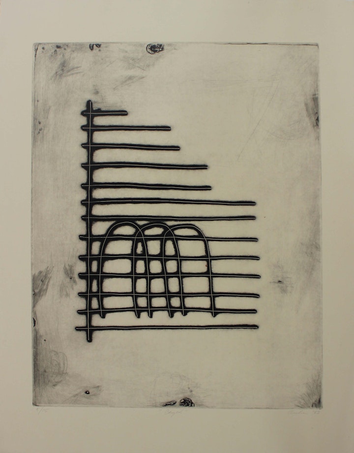 Text, Context, Texture, Architexture - <i>Caged</i>. 30 x 22 in. Etching, 1983.