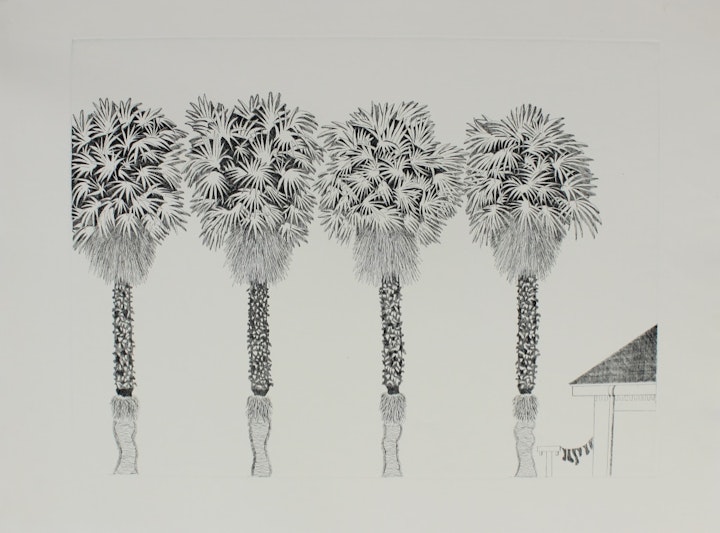Early Etchings - <i>Four Palms, Berkeley</i>, 32 x 40 in. Etching and engraving.