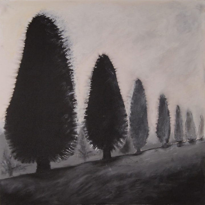 Photo Translations - <i>Seven Trees On A Ridge, after Michael Kenna</i>. 22 x 22 in. Oil stick, 2013.