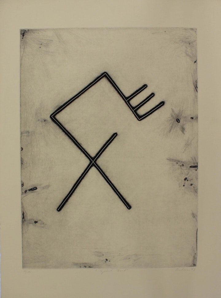 Text, Context, Texture, Architexture - <i>Spirit Bird</i>.  30 x 22 in. Etching, 1983.