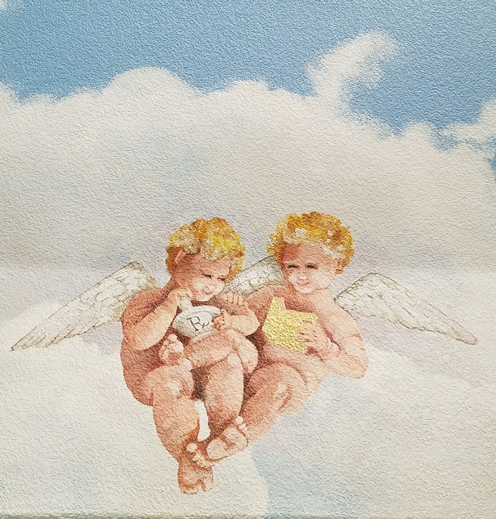 The cherubim represent the clients; one is a pharmacist, the other loves to read.
