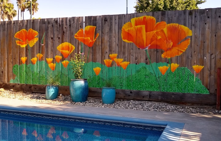 The latest iteration of poolside poppies. I tried something a bit graphic with the foliage, as a contrast to the realism of the flowers.