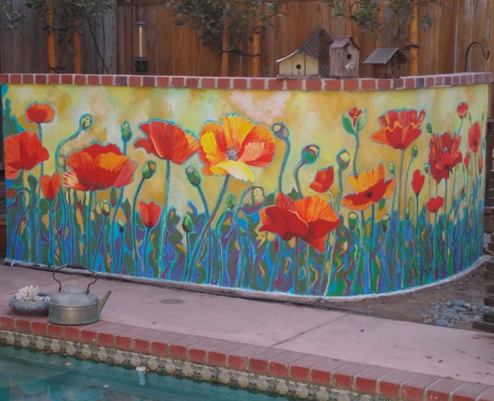 This wall gets intense sun exposure, and the clients and I were concerned about fading. So I used paints from a German company called Keim; their pigments are mineral-based, and have been in use for about 120 years. They are formulated for stone, stucco, brick, etc., and the palette is limited, but very good for this application.