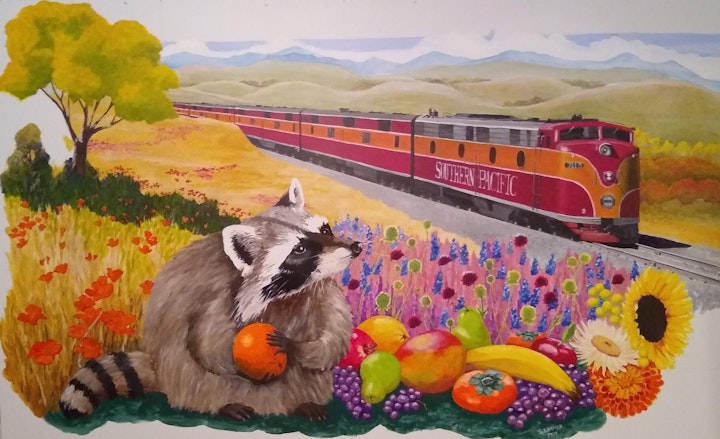 The clients' father worked for the railroad, and she considers raccoons her 'totem animal'. The fruit is also linked to memories of her father. This panel is 8' long by 5' tall, and hangs on an outside wall just opposite the client's kitchen window, where she can see it whenever she's working at the sink.