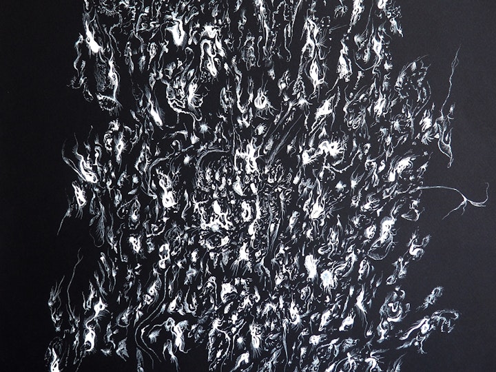 Works on Black Paper - 'Rising' White ink, dip pen on black paper. 76.5x52cm, 2023