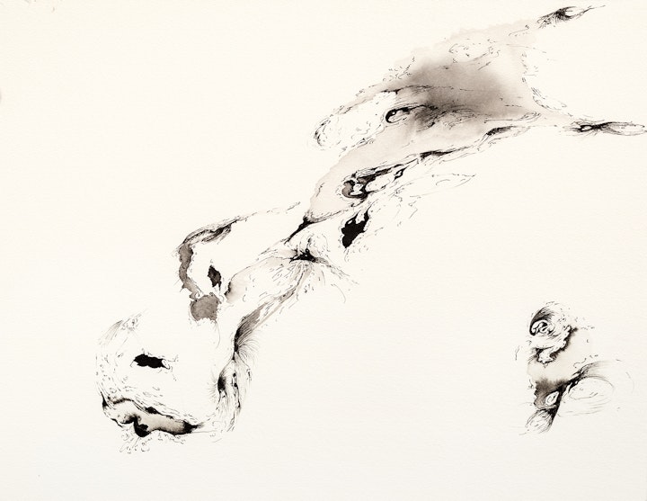 Ink - Deep Dive, 2021, Ink on paper, 33x26cm. Photo by Ellie Walmsley. slight dent in top left corner of thick paper