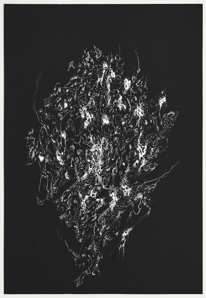 Works on Black Paper - Incantation for Healing, 2023, Ink on paper, 56.5x76cm, 22.2x30 inches. Photo by Laura Hutchinson