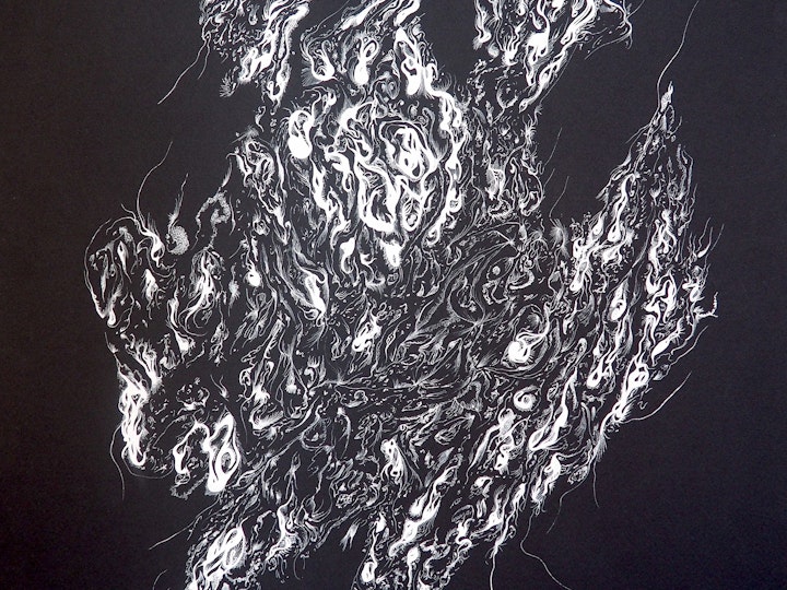 Works on Black Paper - 'Malestrom' White ink, dip pen on black paper. 76.5x52cm, 2023