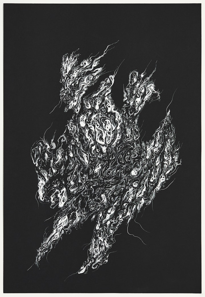 Works on Black Paper - Maelstrom, 2023, Ink on paper, 56.5x76cm, 22.2x30 inches. Photo by Laura Hutchinson
