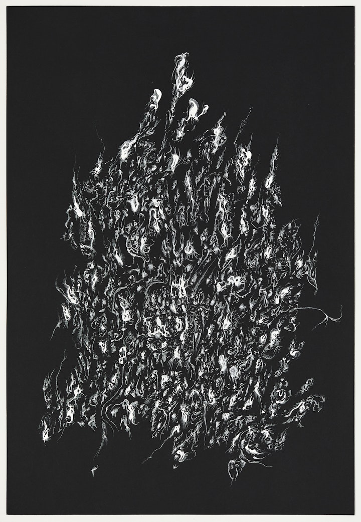 Works on Black Paper - Rising, 2023, Ink on paper, 56.5x76cm, 22.2x30 inches. Photo by Laura Hutchinson