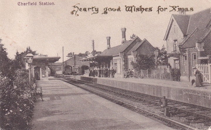 Charfield Railway station (Gloucestershire) posted in 1904 (Frith's Series) without train approaching and with Christmas Greetings stamped on front of the card. The image on the following postcard is exactly the same but posted in 1939. 1/2