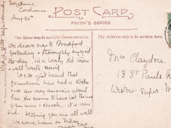 Reverse of the previous image of the Old The Barn at Bradford-on-Avon posted on 25th August 1916 (W. Dotesio, Bradford-on-Avon, No. 45385) 2/2.