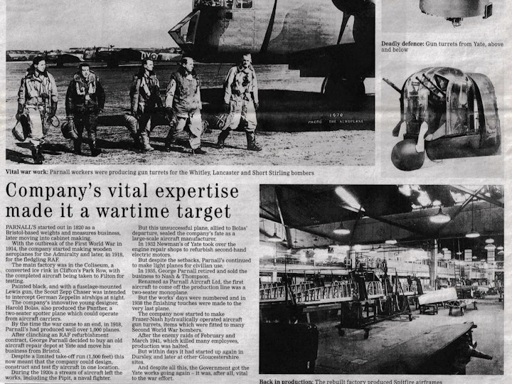 Newspaper cutting from the Evening Post's Bristol Times supplement of February 28th 2011 commemorating the 70th annerversiary of the bombingof Parnalls aircraft works at Yate on 27th February 1941 in which 54 people were killed and 105 injured.