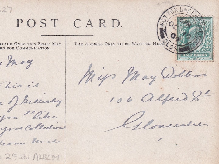 Reverse of the previous image of the Tolsey, Hillsley posted on October 18th 1904 (E.R. Werrett, Hillsley) 2/2.
