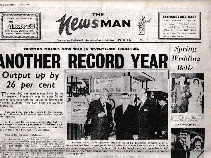 From the June 1961 edition of "The Newsman' a broadsheet newsletter produced and published by Newman's Industries Limited of Yate with headlines announcing a record year and exports to 71 countries