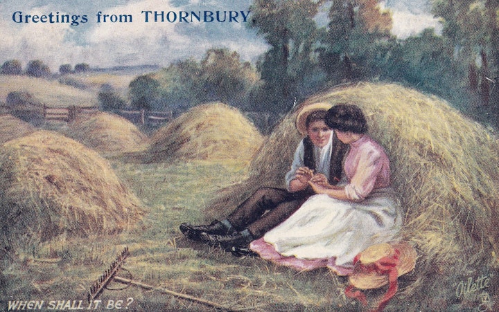 Thornbury Greeting Card (Raphael Tuck & Sons "Ollette" Postcard 9945 in their Country Courtships - Series III) posted on 15th August 1912. 1/2