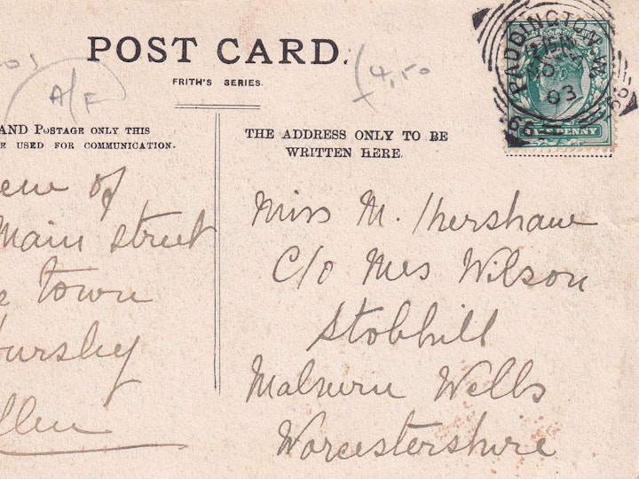 Reverse of the previous image of Long Street, Dursley posted on 1st November 1903 1/2 (Frith's Series)