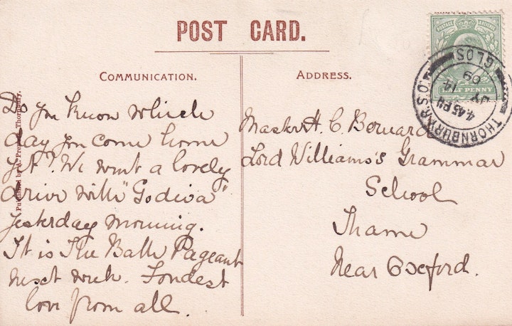 Reverse of the previous image of Prewett the Printers and Stationers in Thornbury in Gloucestershire - the same company that printed and published the postcard (A. Prewett, Thornbury) posted on July 14th 1909 2/2.