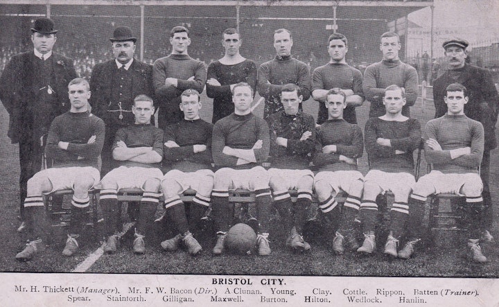 Bristol City Foot Club team photo somewhere between 1905 and 1910 - the most successful period in the club's history. In securing promotion from the English Second Division as champions in 1906, Bristol City won 14 league matches in a row. The club in the following 1906/07 season were runners-up in the first division and were losing finalists in the 1909 FA Cup Final Manchester United in 1909 (a game won 1–0 by United.). Pictured 2nd from right in the front row is William John Wedlock , also known as "Fatty" won 26 England caps between 1907 and 1914 his only rival for the centre-half position being Charlie Roberts of Manchester United, his opposite number in the 1909 FA Cup Final.
