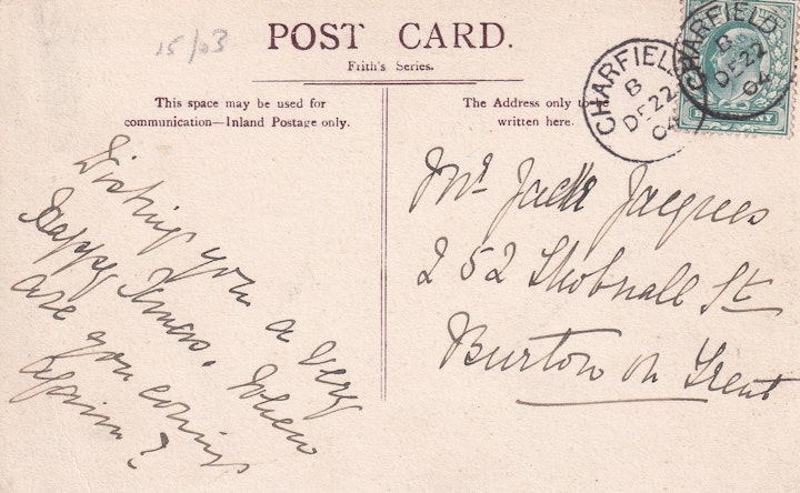 The reverse of the previous image of Charfield Railway station (Gloucestershire) posted in 1904 (Frith's Series) without train approaching and with Christmas Greetings stamped on front of the card. The image on the following postcard is exactly the same but posted in 1939. 2/2