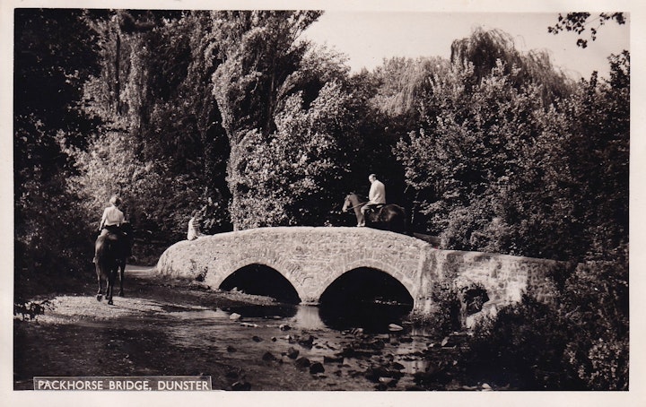 Postcard (Blackmore series) of Packhorse Bridge at Dunster, Somerset purchased / visited in 1952