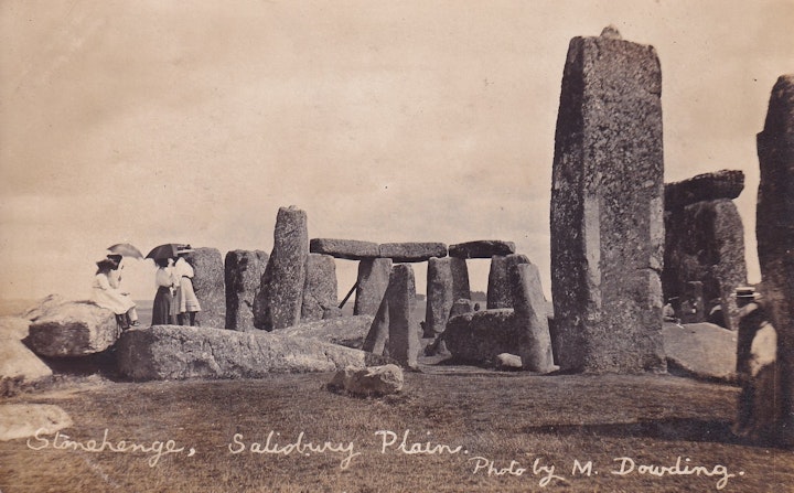 A somewhat rare example of a postcard by photographer and postcard extraordinaire Murray Dowding (MD) taken quite some distance from his base in Chipping Sodbury - in this case of Stonehenge in Wiltshire. This photograph shows the stones pre restoration.