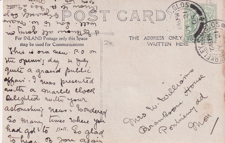 The reverse of the image of the opening of the new Post office at Berkeley in Gloucestershire on July 4th 1908 posted on July 21st 1908 2/2.