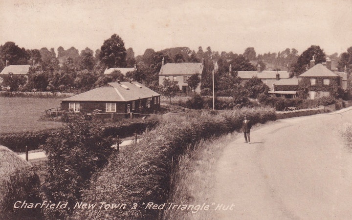 Charfield New Town and 'RedTriangle" (YMCA) Hut in Gloucestershire - notice haystack in the foreground on the left (The Cotswold Publishing Co., Ltd, Wotton-under-Edge).