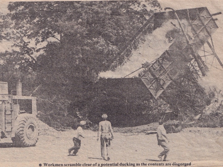 From Bob's scrapbook, a newspaper cutting of an article about the demolition of a 40 foot high water tower at the old Newman Industries site in Yate. The deluge  of water released included lots of small fish that no-one knew were in the tank - some of which were saved. Its believed that fish or fish eggs unwittingly ended-up in the tank when the tank need to be filled from the nearby River Frome.
