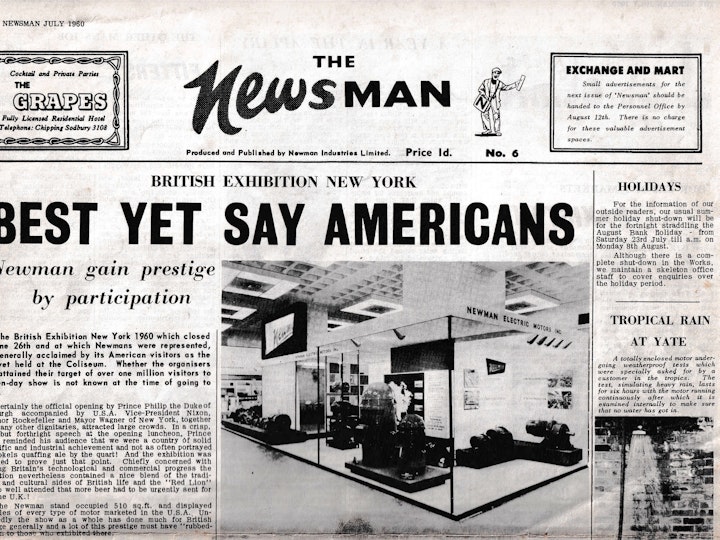 From the July 1960 edition of "The Newsman' a broadsheet newsletter produced and published by Newman's Industries Limited of Yate showcasing the success of their exhibition at the British Exhibition in New York 1960.