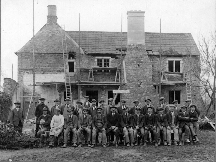Photographic copy of a postcard or photograph of the staff of Ernest  J Tily, Building Contractor of Chipping Sodbury