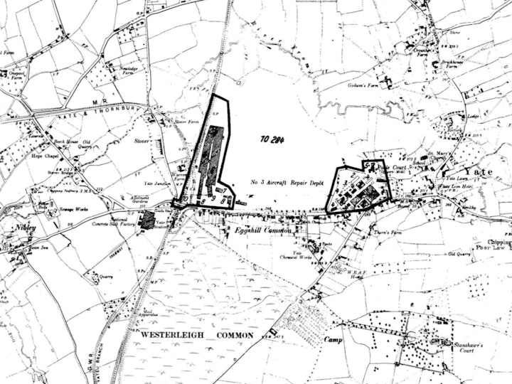 Photocopy of a map Yate in 1920 showing some the key manufacturing facilities. The map shows the National Concrete Slab Factory adjacent to Yate Station complete with its own elevated tramway that transported stone from the nearby quarry to the south west of the factory. It also shows The R.A.F. Aircraft Repair Depot ARD), with the Aircraft Repair Section (ARS) to the west (later Parnalls) and the Engine Repair Section (ERS) (later Newman's) to the east with the aerodrome in-between along Station Road. Yate Chemical Works can be seen on Eggshill Lane between Sation Road and Westerliegh Road.