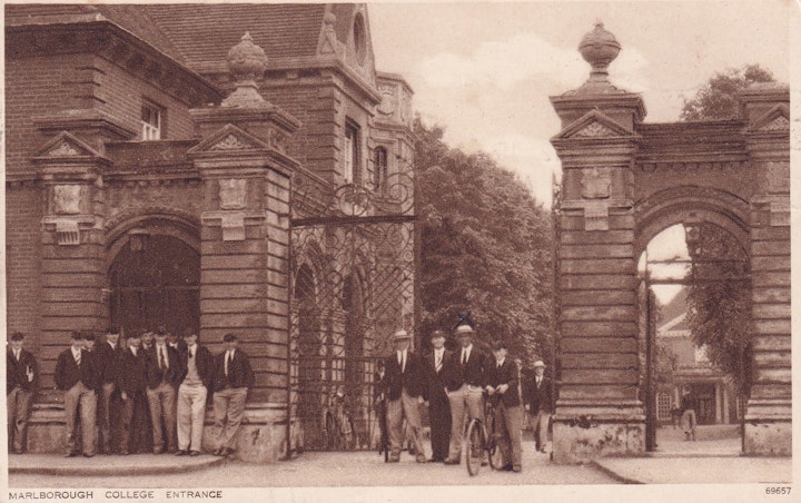 Postcard of Marlborough College Entrance in Marlborough (Wiltshire) posted on 12th August 1946 (Photochrom Co. Ltd., London and Tunbridge Wells).