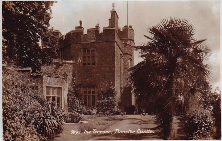 Postcard (E.A. Sweetman & Son, Ltd, Tunbridge Wells) of The Terrace at Dunster Castle in Somerset purchased / visited 1952