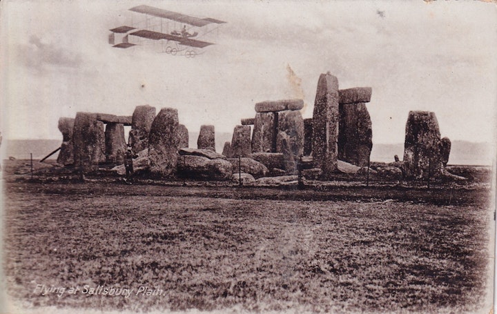 Postcard of Flying at Salisbury Plain (J. Welch & Sons, Photographic Publishers, Portsmouth) posted 3rd July 1912. Note that they don't mention 'Stonehenge" but rather Salisbury Plain. Also do you think the original photograph included an aeroplane or has this been pasted in?