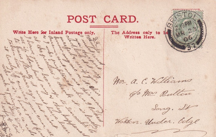 Reverse of previous image of Clack Mill, Combe Dingle in Bristol posted on March 23 1906 (Sincock, The Library, Westbury-on-Trym) 2/2.