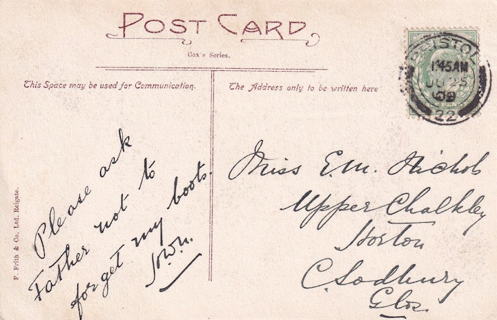 The reverse of the image of Cox's Cave, Cheddar in Somerset (F. Frith & Co. Ltd.) posted on 25th June 1922 2/2