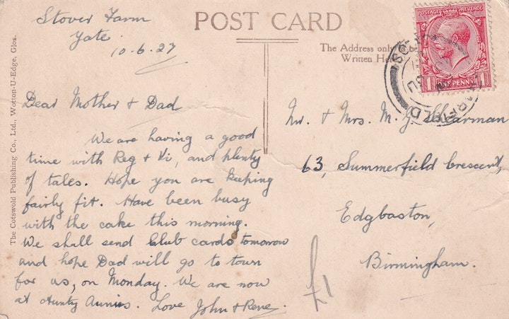 Reverse of the previous image of Tortworth Court in Gloucestershire (The Cotswold Publishing Co., Ltd., Wotton-under-Edge) written on 10th June 1927 2/2. Note it was written from Stover Farm in Yate.