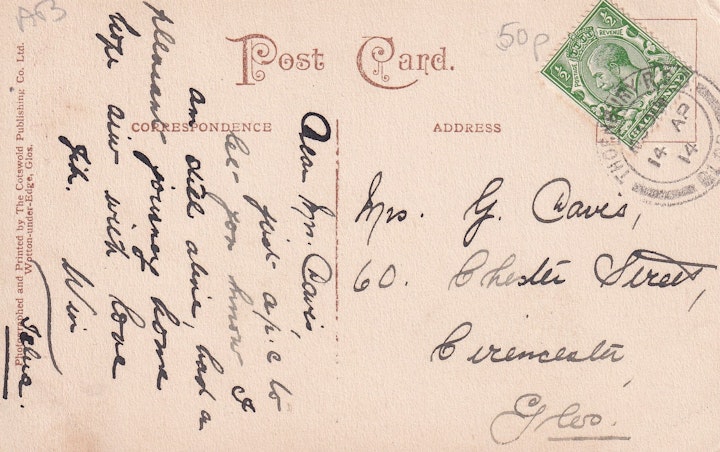Reverse of the previous image of Tortworth Court in Gloucestershire (The Cotswold Publishing Co. Ltd., Wotton-under-Edge) posted 14th April 1914 2/2.