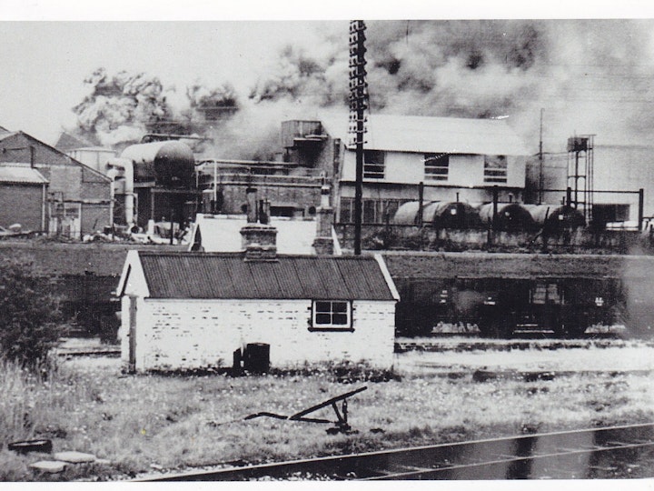 A photograph of Parnall's factory and the adjacent railway sidings across the road from Yate Station