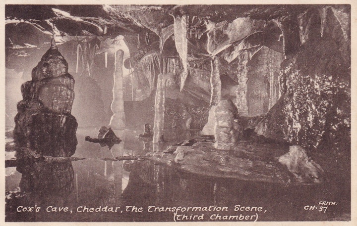 Postcard (F. Frith & Co.,Ltd, Reigate) of Cox's Cave, Cheddar in Somerset purchased / visited in 1952.
