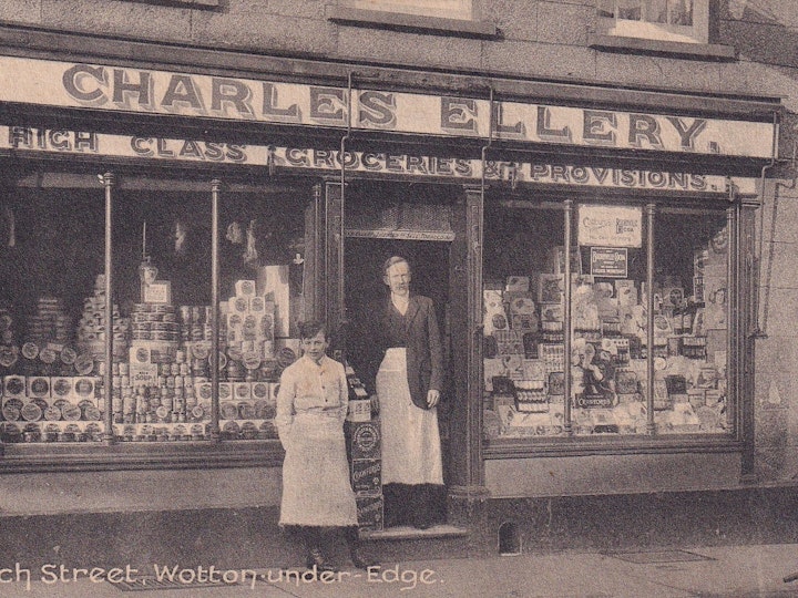 Postcard produced by the proprietor of this Family Grocer and Provision Merchant, Charles Ellery of Church Street, Wotton-under-Edge.