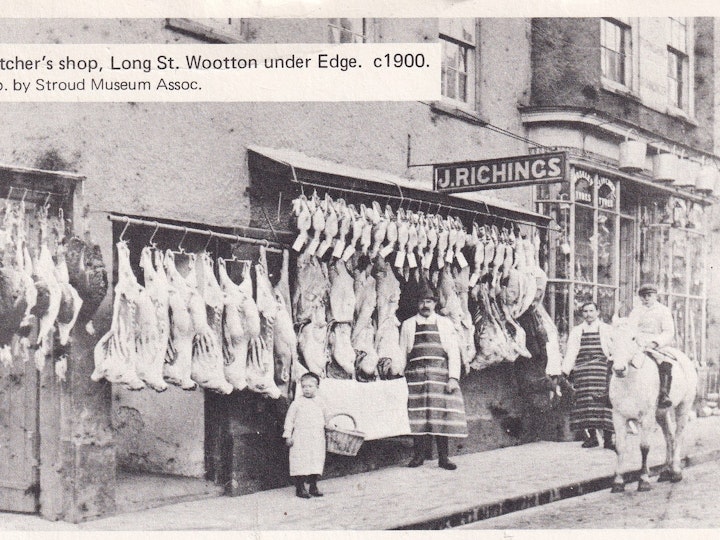 Reproduced postcard or photograph of J. Richings Butcher's shop in Long Street, Wotton-under-Edge circa 1900