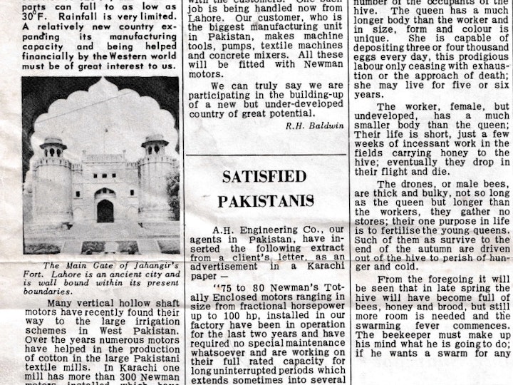 From the July 1960 edition of "The Newsman' a monthly broadsheet newsletter produced and published by Newman's Industries Limited of Yate showcasing Pakistan as part of the regular export market feature in the publiication.