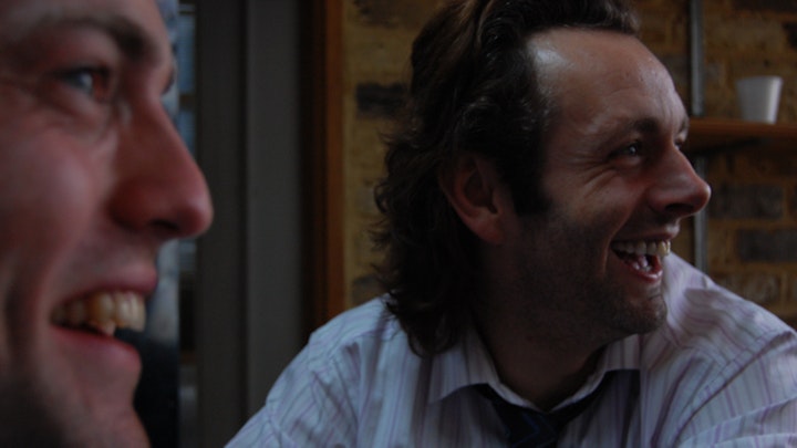 Michael Sheen & I laugh with our friend Director Julian Kemp between takes