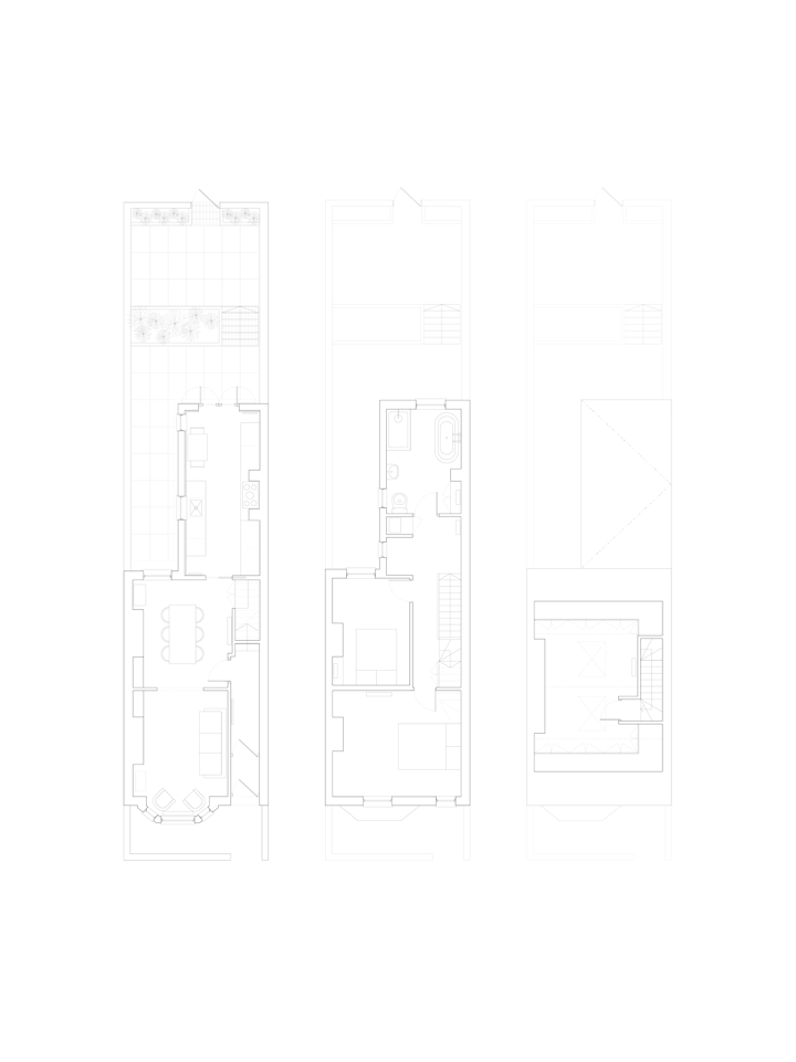 ground, first and second floor plan